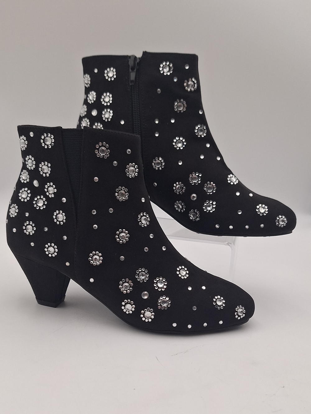 Joan Boyce Black Studded Floral Rhinestone Ankle Boots Size 5.5